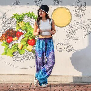 Women's Boho Harem Palazzo Pants - Soft Flowy and Comfy, Handmade - Purple/Blue